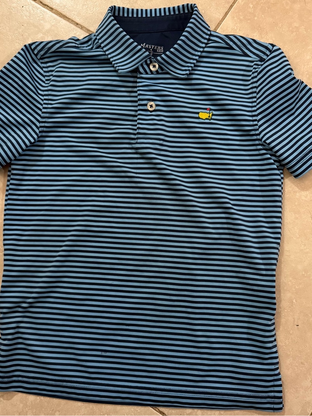 Masters Light Blue and Navy Striped Polo with Yellow Green Logo